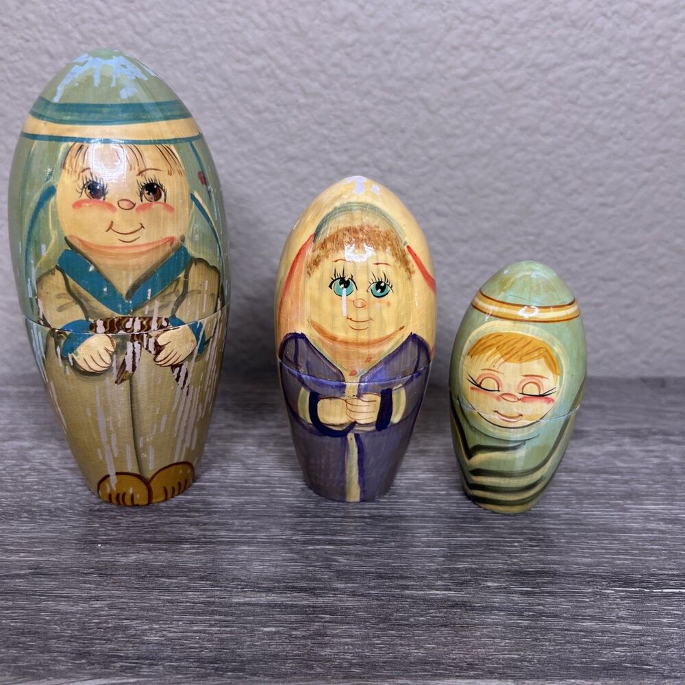 Vintage Wooden 3 Piece Russian Nesting Doll Girl Boy Baby